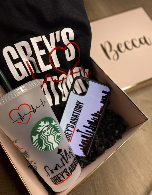 Grey's Anatomy Inspired Themed Gift Box includes a Personalized Gift Box with Name, T-shirt, Phone Case and Starbucks Cup. Personalize with names. Toronto, ON, Canada. Worldwide Shipping.
