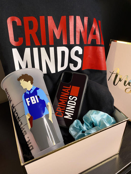 Criminal Minds - Spencer Reid Inspired Themed Gift Box includes a Personalized Gift Box with Name, T-shirt, Phone Case and Starbucks Cup. Personalize with names. Toronto, ON, Canada. Worldwide Shipping.
