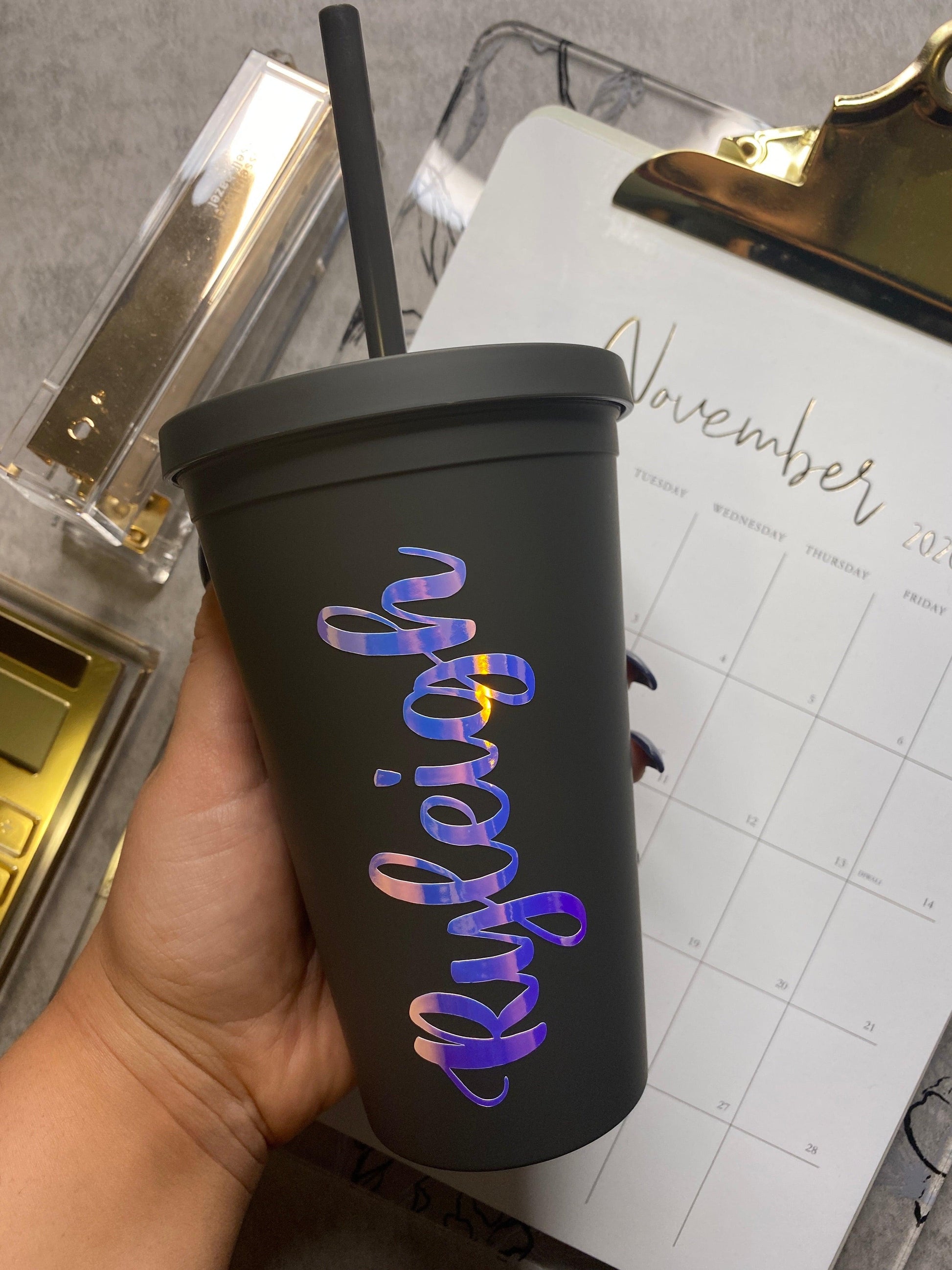 Pink Holographic Personalized Tumbler Cup , Butterfly Tumbler